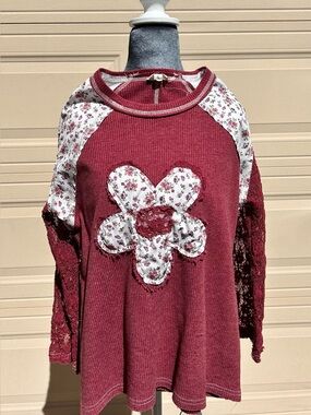 POL Burgundy Floral Patchwork Raglan Sweatshirt